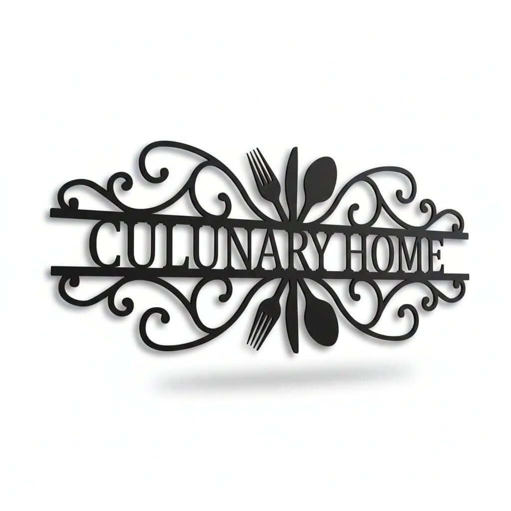 Custom Metal Kitchen Silverware Sign | Farmhouse Kitchen Wall Decor black metal wall sign with spoons forks scrollwork by Hadi Craft USA