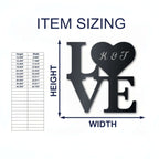 Custom Metal Love Wall Art | Personalized Metal Love Sign | 12–46" | 14 Color Options sizing chart with initials K&T by Hadi Craft USA