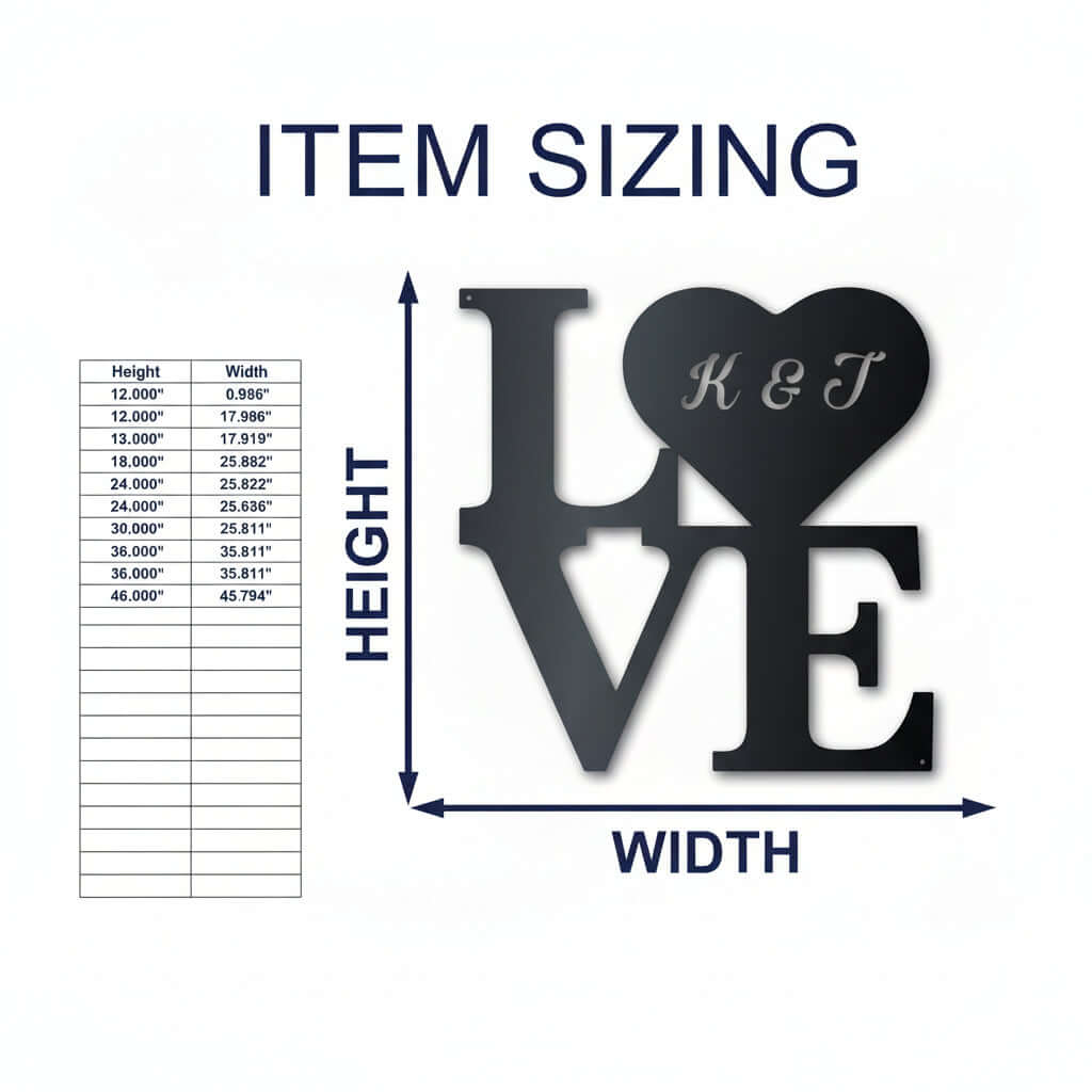 Custom Metal Love Wall Art | Personalized Metal Love Sign | 12–46" | 14 Color Options sizing chart with initials K&T by Hadi Craft USA