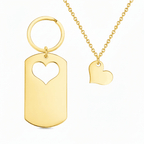 Custom engraved mother daughter keychain and necklace set gold heart cutout by Hadi Craft USA, stainless steel necklace, personalized engraved jewelry
