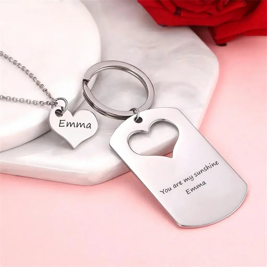 Custom engraved mother daughter keychain and necklace set by Hadi Craft USA, stainless steel heart pendant necklace, engraved dog tag keychain