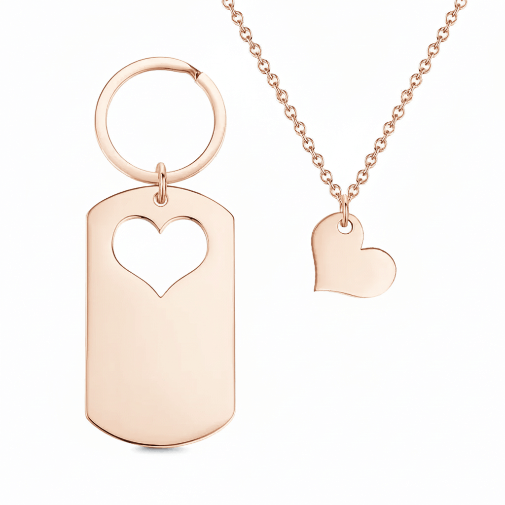 Hadi Craft USA Custom engraved mother daughter keychain and necklace set, rose gold stainless steel, personalized heart cutout jewelry