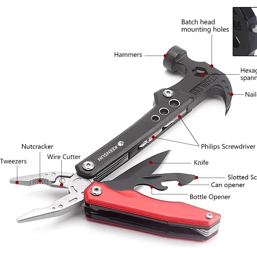 Multifunction Camping Hammer Tool | Stainless Steel Multi-Purpose Combo Hammer with Screwdriver & Pliers
