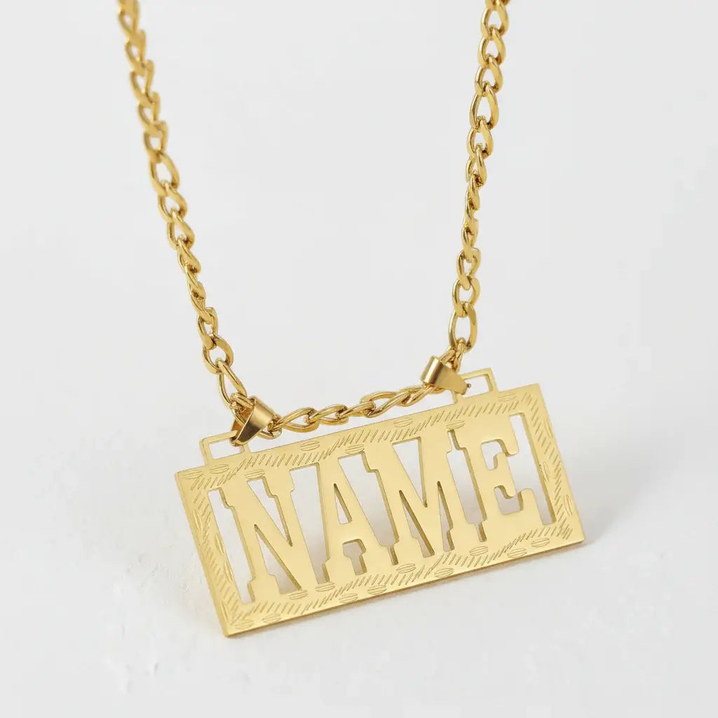 Hadi Craft USA Custom Name Necklace for Women – 18K Gold Plated Stainless Steel Personalized Jewelry, nameplate necklace, Figaro chain