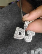 Alt Tag: Custom Name Necklace cubic zirconia DJ initial pendant by Hadi Craft USA, personalized iced out necklace