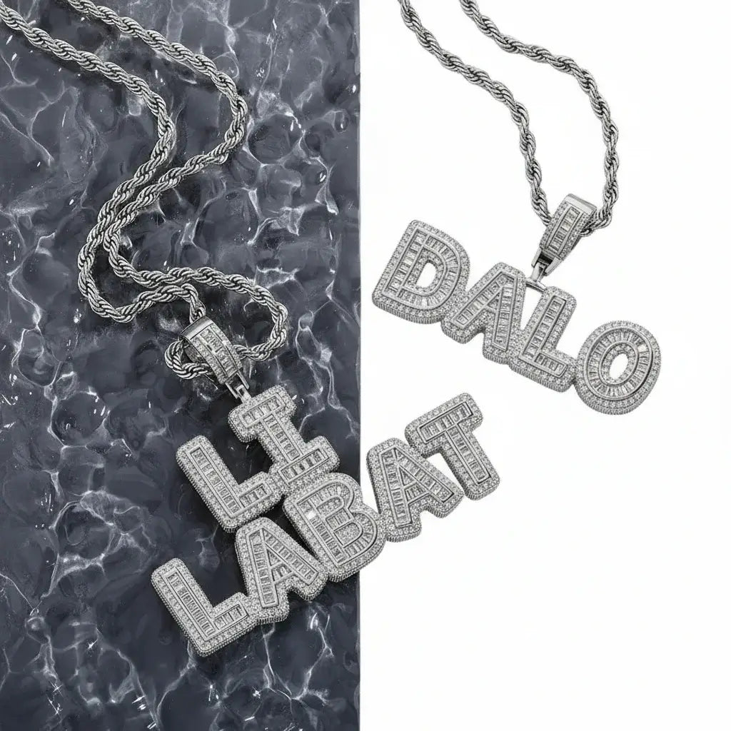Custom Name Necklace cubic zirconia pendants LI LABAT DALO by Hadi Craft USA, personalized hip hop necklace, engraved letters