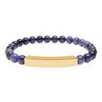 Personalized natural stone bead bracelet –Stretch Healing Jewelry with gold engraved bar and purple beads by Hadi Craft USA, personalized bracelet, engraved jewelry