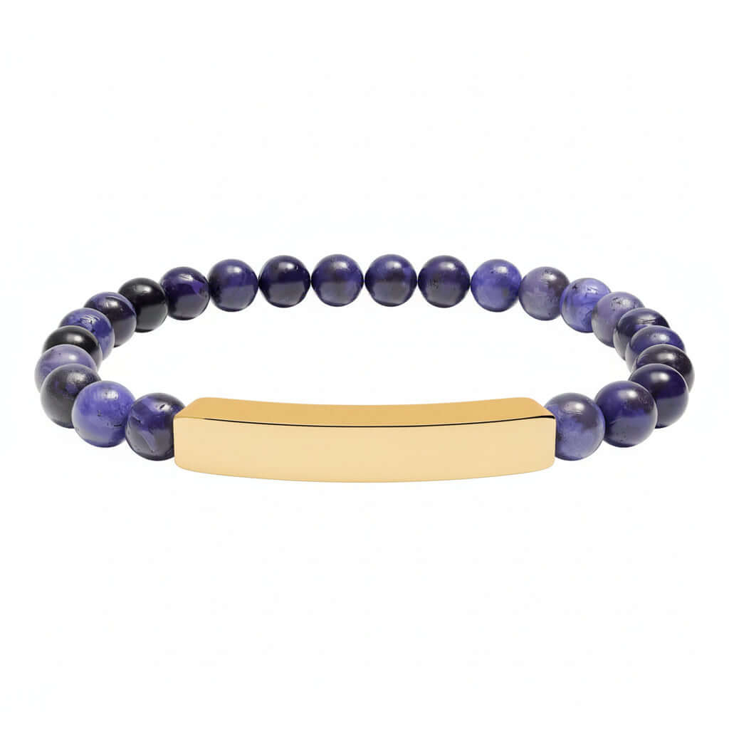 Personalized natural stone bead bracelet –Stretch Healing Jewelry with gold engraved bar and purple beads by Hadi Craft USA, personalized bracelet, engraved jewelry