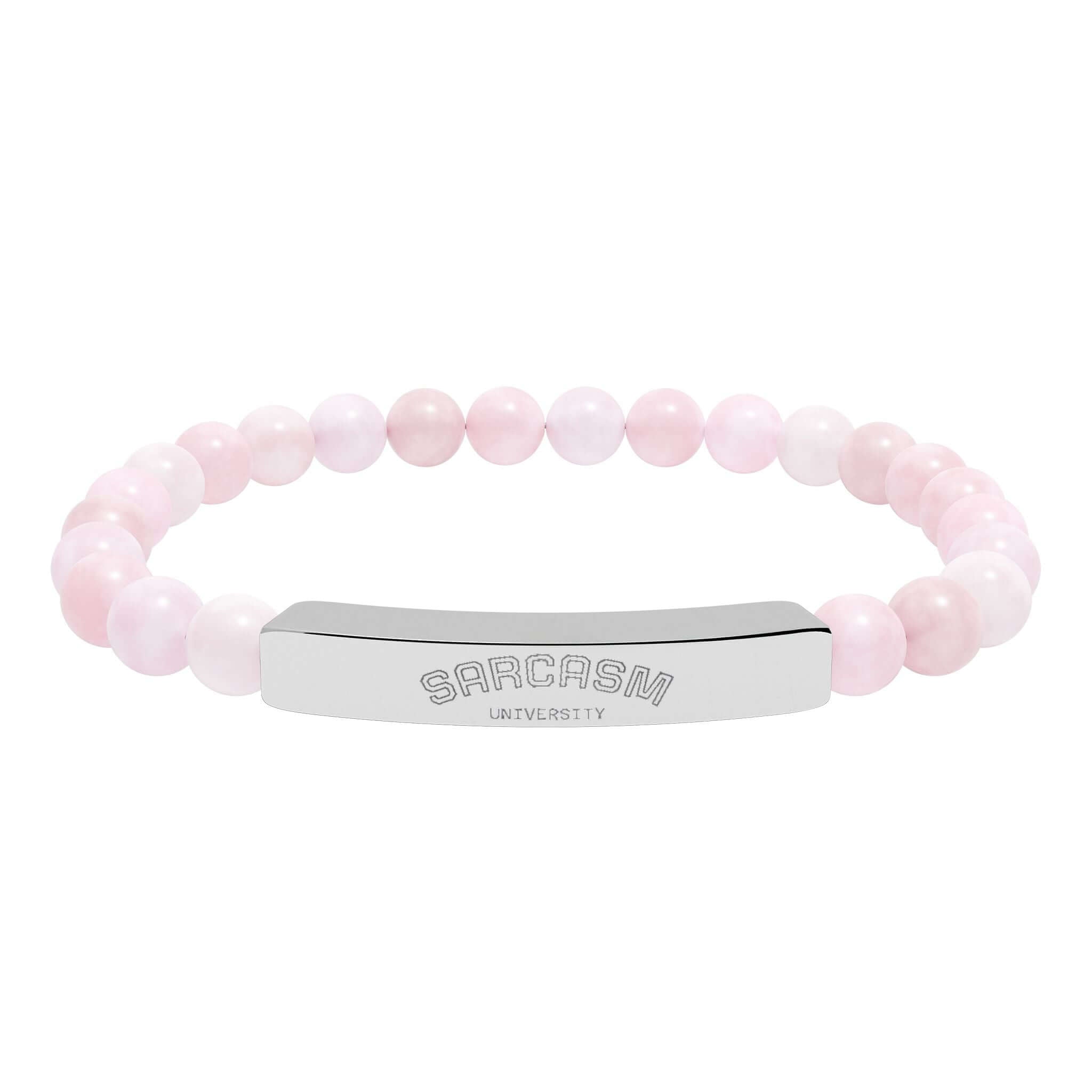 Alt Tag: Personalized natural stone bead bracelet –Stretch Healing Jewelry by Hadi Craft USA, pink bead engraved bracelet, handmade jewelry