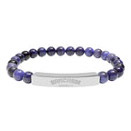 Personalized natural stone bead bracelet –Stretch Healing Jewelry by Hadi Craft USA, engraved stainless steel bar bracelet, purple beaded jewelry