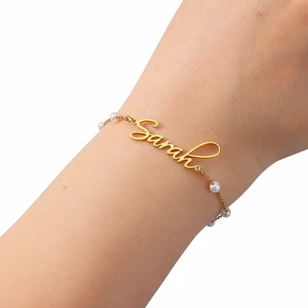 Custom Name Bracelets For Women Pearl Customized Bracelet by Hadi Craft USA, gold personalized bracelet, imitation pearl handmade jewelry