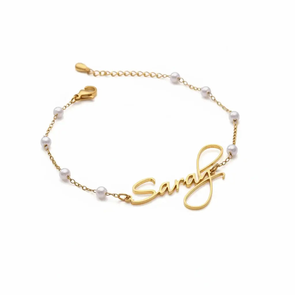 Alt Tag: Hadi Craft USA Custom Name Bracelets For Women Pearl Customized Bracelet, gold personalized name bracelet, handmade bracelet, necklace