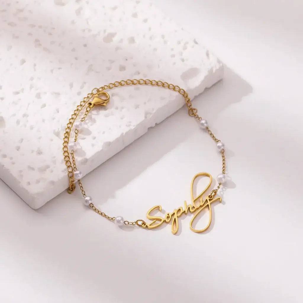 Alt Tag: Hadi Craft USA Custom Name Bracelets For Women Pearl Customized Bracelet, gold personalized bracelet, imitation pearl jewelry, handmade