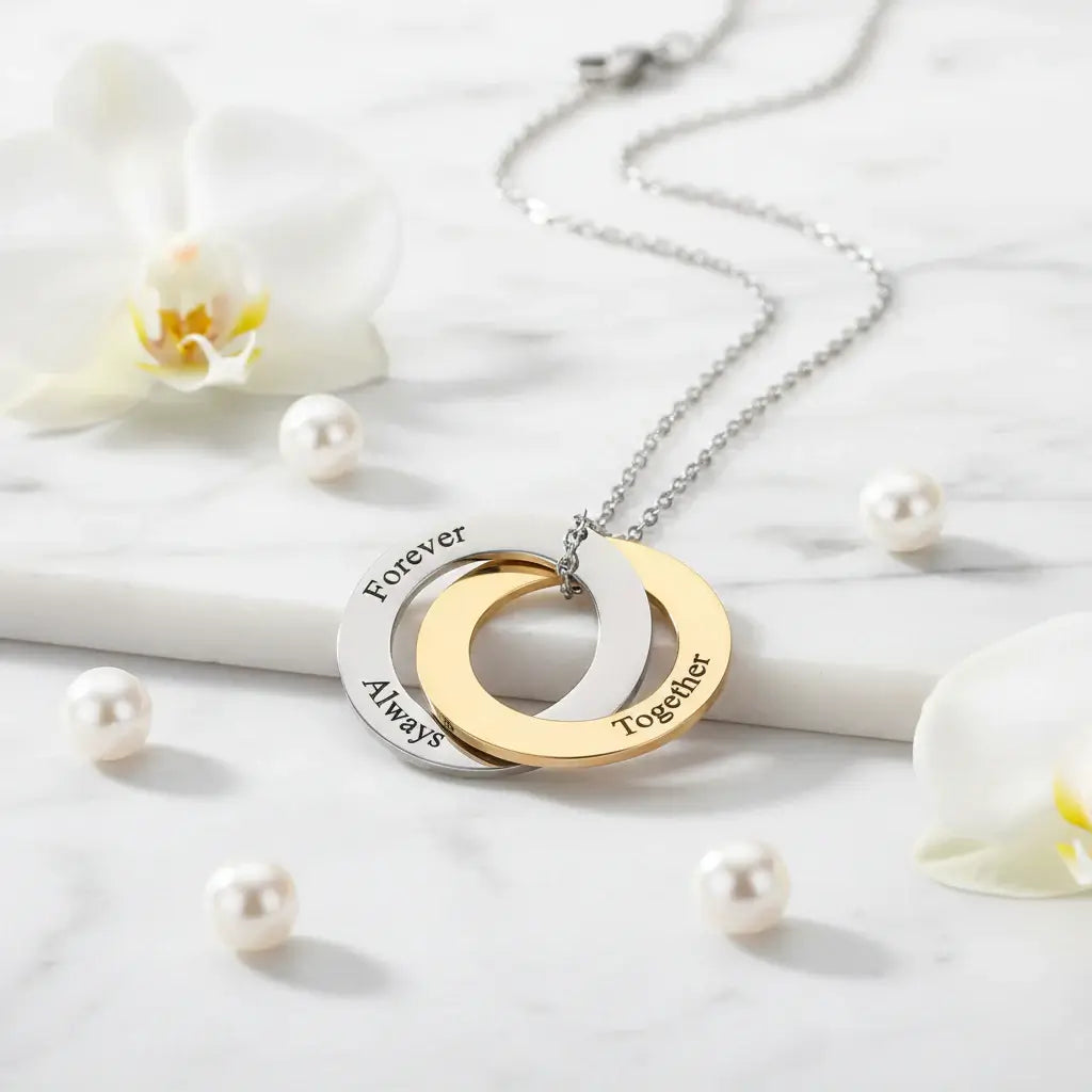 Hadi Craft USA Personalized family linked circle bracelet For Women Family Gift, engraved eternity necklace, two tone pendant jewelry