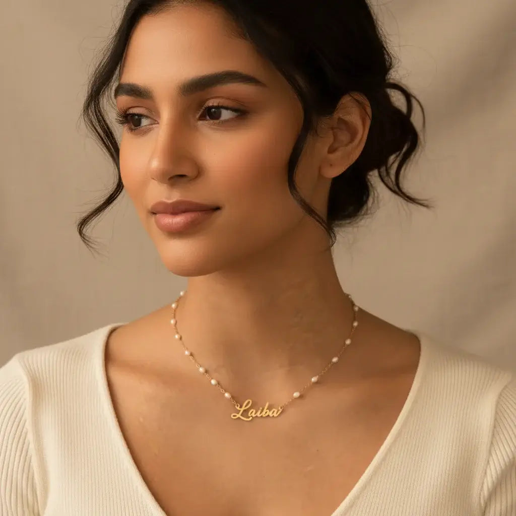 Alt Tag: Hadi Craft USA Personalized name pearl necklace and bracelet set – 18K Gold Plated necklace, personalized jewelry, beaded necklace