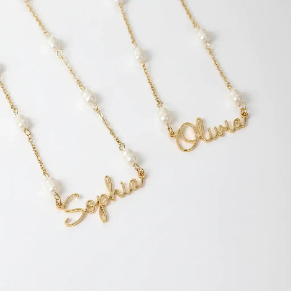 Hadi Craft USA Personalized name pearl necklace and bracelet set – 18K Gold Plated, custom gold name necklace, pearl beaded jewelry