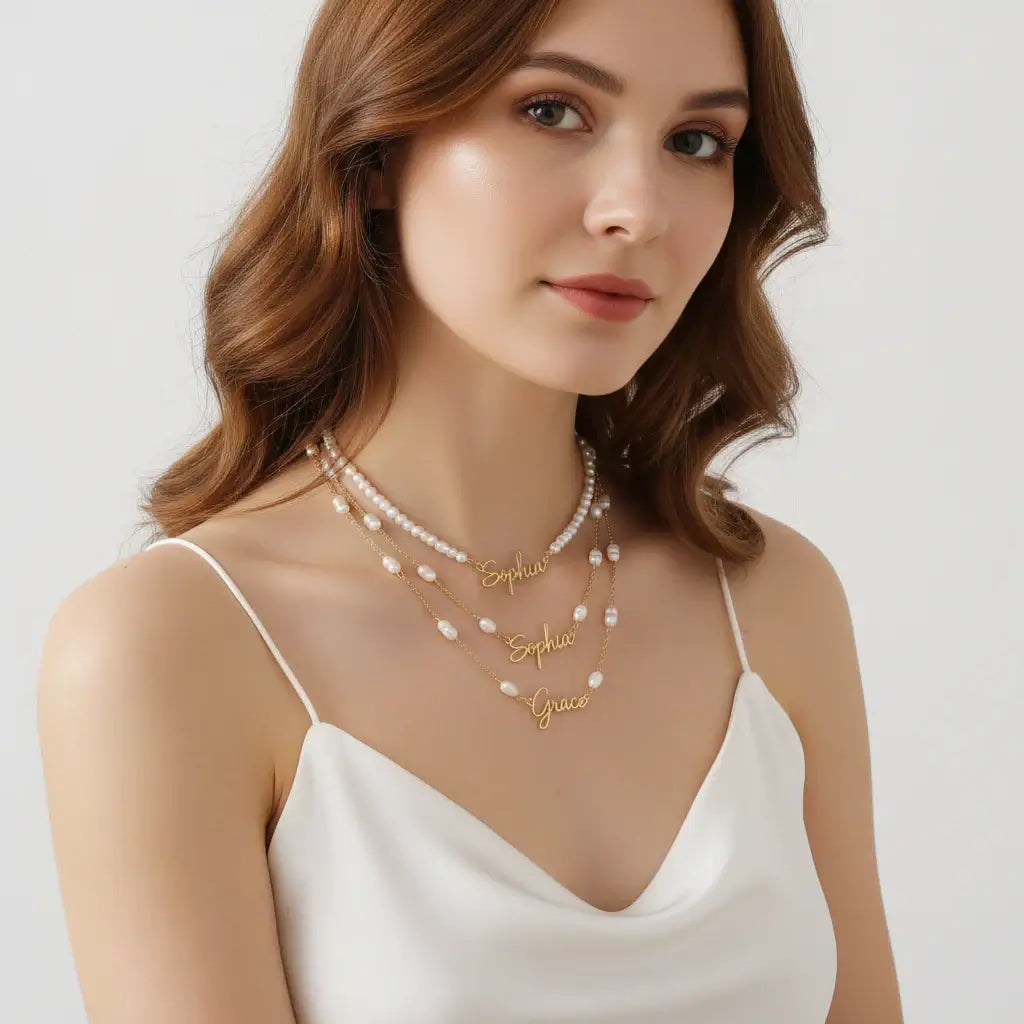 Hadi Craft USA Personalized name pearl necklace and bracelet set – 18K Gold Plated layered personalized necklace jewelry