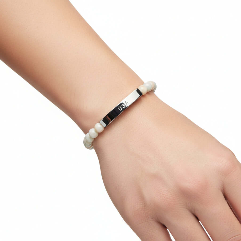 Hadi Craft USA Personalized natural stone bead bracelet –Stretch Healing Jewelry, engraved USA bar bracelet, natural stone beaded bracelet