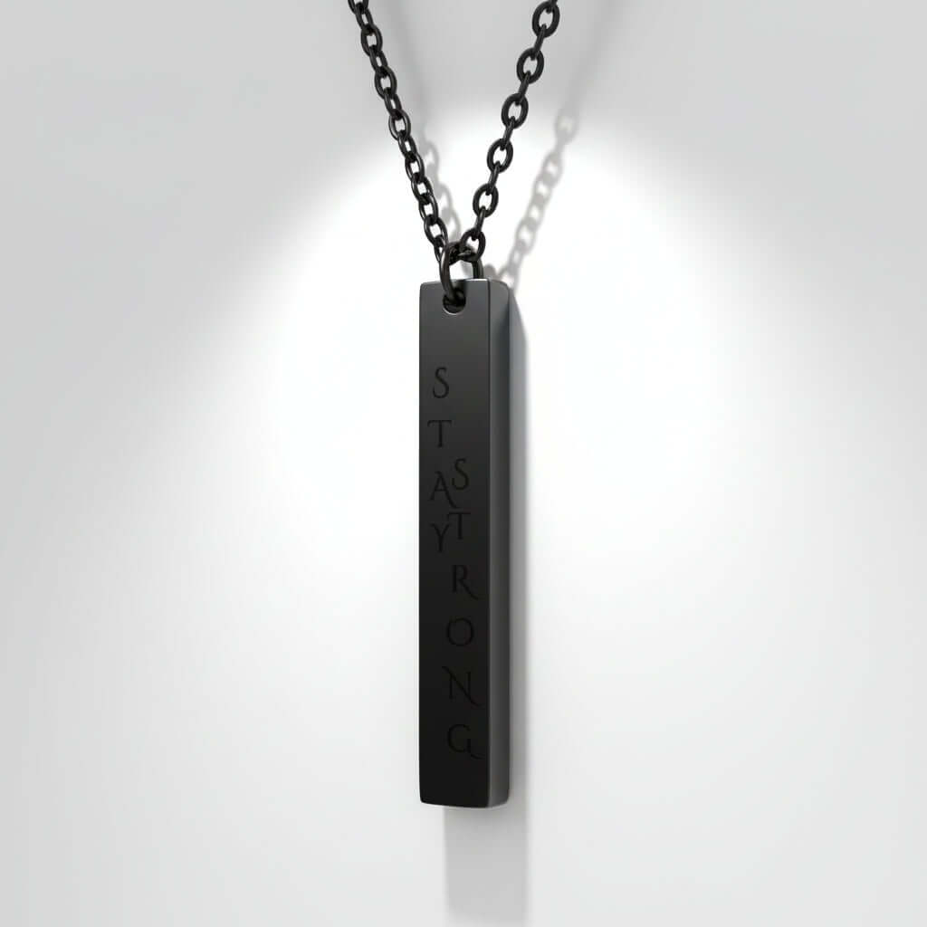 Black necklace with a pendant that says 'STAY STRONG' on a white background Hadi Craft USA