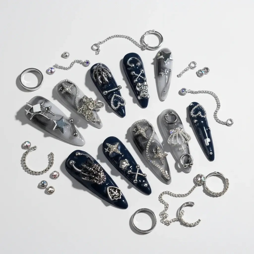 Girls Handmade Press On Nails Black White Rendering Long Tip Nail Art