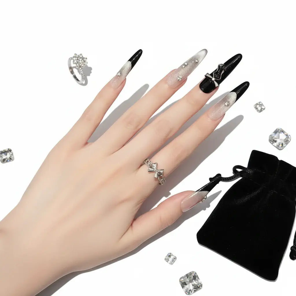 Pink Purple Cat's Eye Press On Nails, Handmade False Nail Bows Rhinestone Decor Sweet Cool Fake Nail