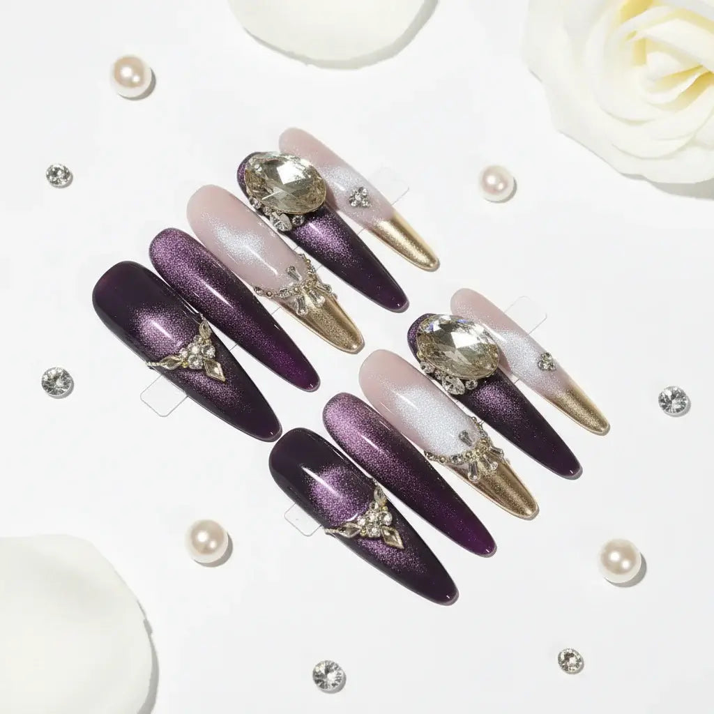 Handmade Luxury Long Press on Nails Shiny Purple Cat Eye Rhinestone Design