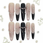 Pink Purple Cat's Eye Press On Nails, Handmade False Nail Bows Rhinestone Decor Sweet Cool Fake Nail