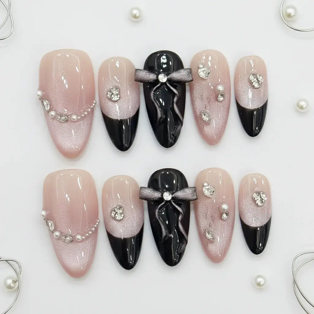 Pink Purple Cat's Eye Press On Nails, Handmade False Nail Bows Rhinestone Decor Sweet Cool Fake Nail