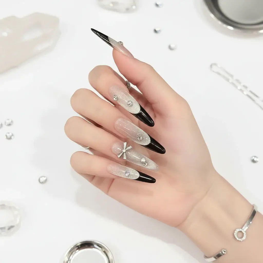 Pink Purple Cat's Eye Press On Nails, Handmade False Nail Bows Rhinestone Decor Sweet Cool Fake Nail