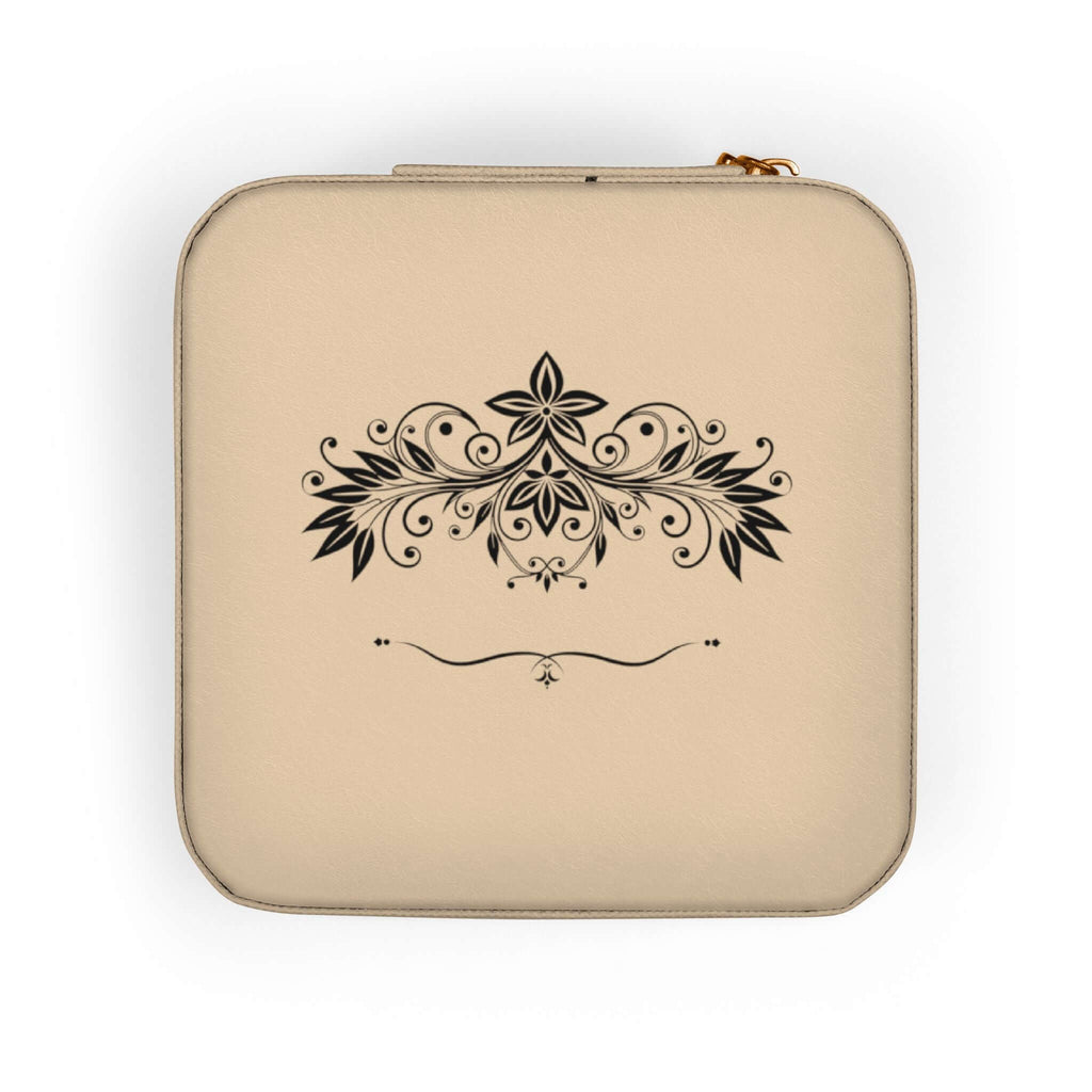 Compact pink jewelry travel organizer with an elegant floral design, perfect for storing jewelry on the go.