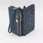 Hadi Craft USA High capacity women PU leather wallet Picture Fashion Women Wallets navy floral leather wallet, double zipper, wristlet clutch