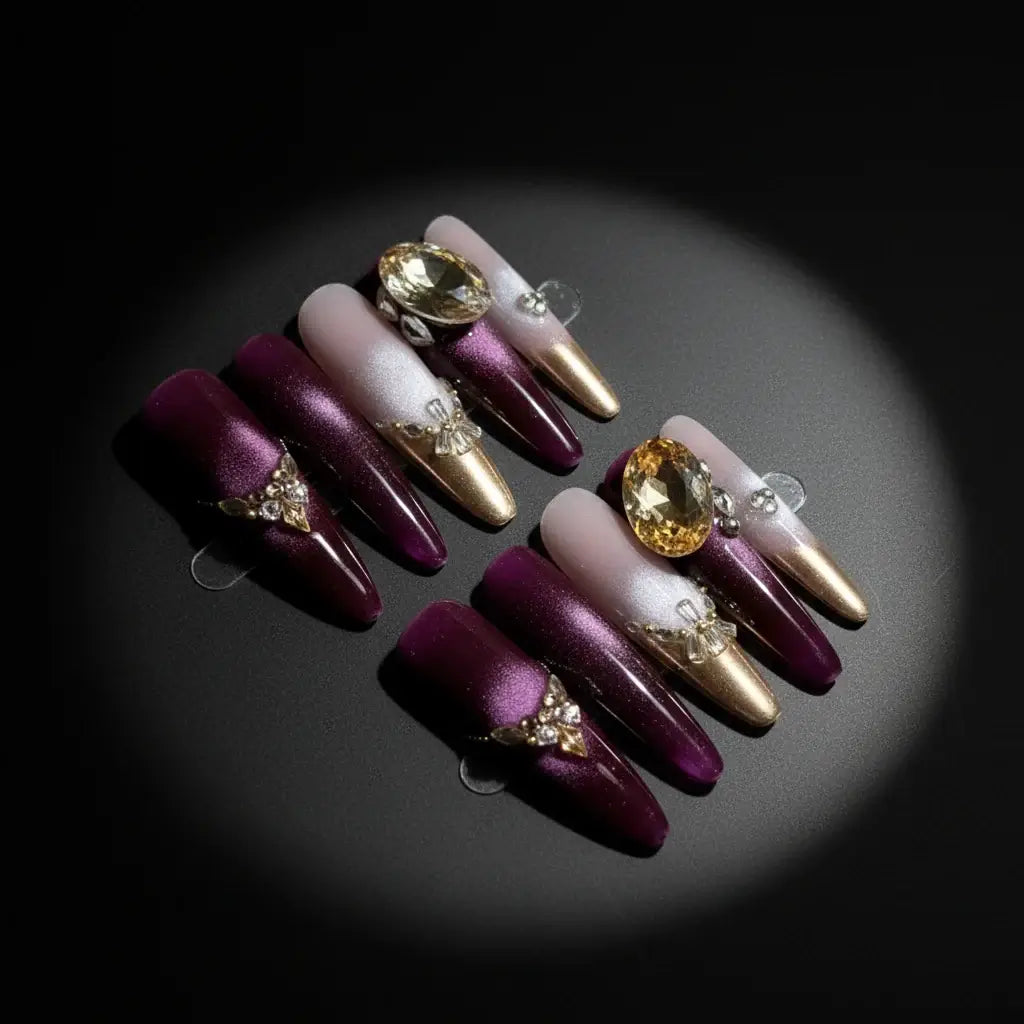 Purple Cat Eye Fake Nails with Zircon Crystals DIY Handmade Glue Free Nails