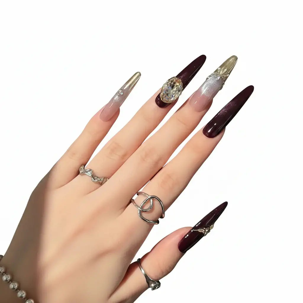 Purple Cat Eye Fake Nails with Zircon Crystals DIY Handmade Glue Free Nails