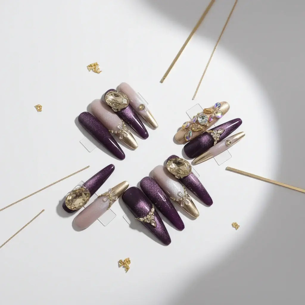 Handmade Luxury Long Press on Nails Shiny Purple Cat Eye Rhinestone Design