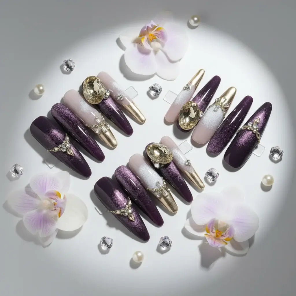 Handmade Luxury Long Press on Nails Shiny Purple Cat Eye Rhinestone Design