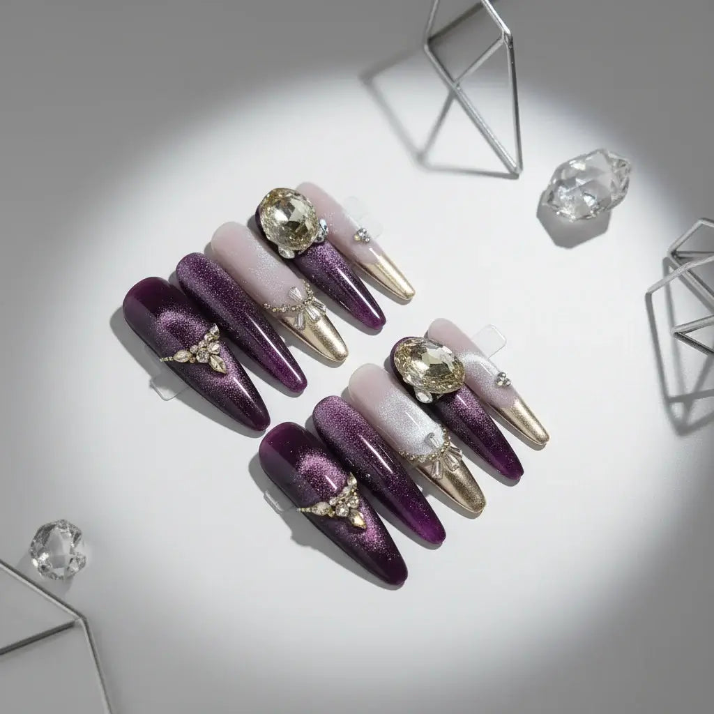 Handmade Luxury Long Press on Nails Shiny Purple Cat Eye Rhinestone Design