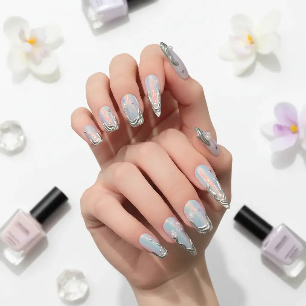 Silver Aurora Long Stiletto Fake Nails Metal Edge Design Punk Style Handmade