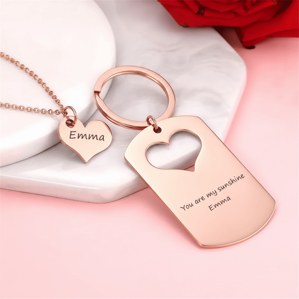 Custom engraved mother daughter keychain and necklace set by Hadi Craft USA, rose gold stainless steel personalized necklace, engraved dog tag keychain
