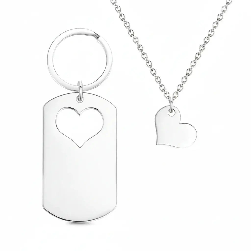 Alt Tag: Custom engraved mother daughter keychain and necklace set by Hadi Craft USA, stainless steel heart dog tag necklace, personalized jewelry