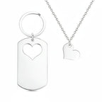 Alt Tag: Custom engraved mother daughter keychain and necklace set by Hadi Craft USA, stainless steel heart dog tag necklace, personalized jewelry
