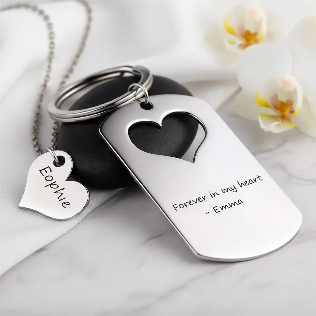 Hadi Craft USA Custom engraved mother daughter keychain and necklace set, stainless steel heart charm, personalized engraved necklace