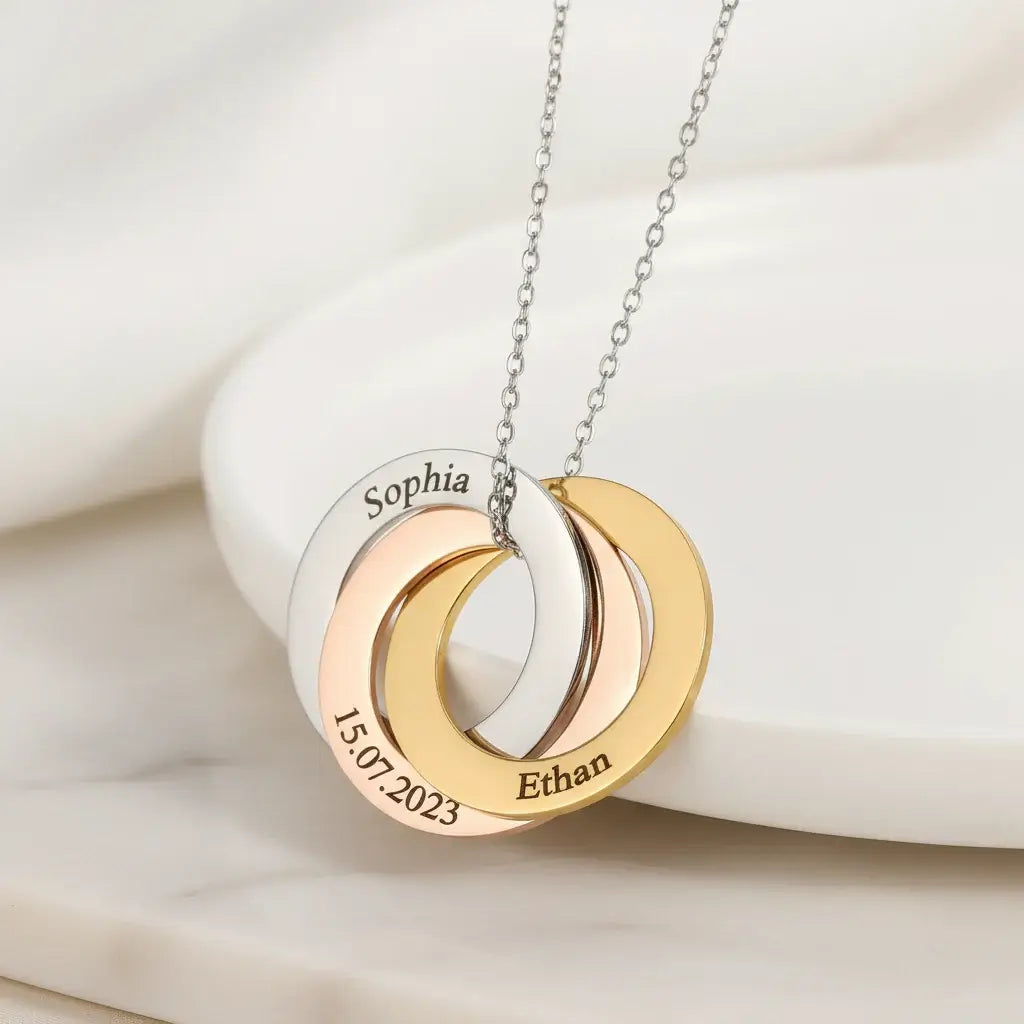 Hadi Craft USA Personalized family linked circle bracelet For Women Family Gift, stainless steel engraved eternity necklace, custom name jewelry