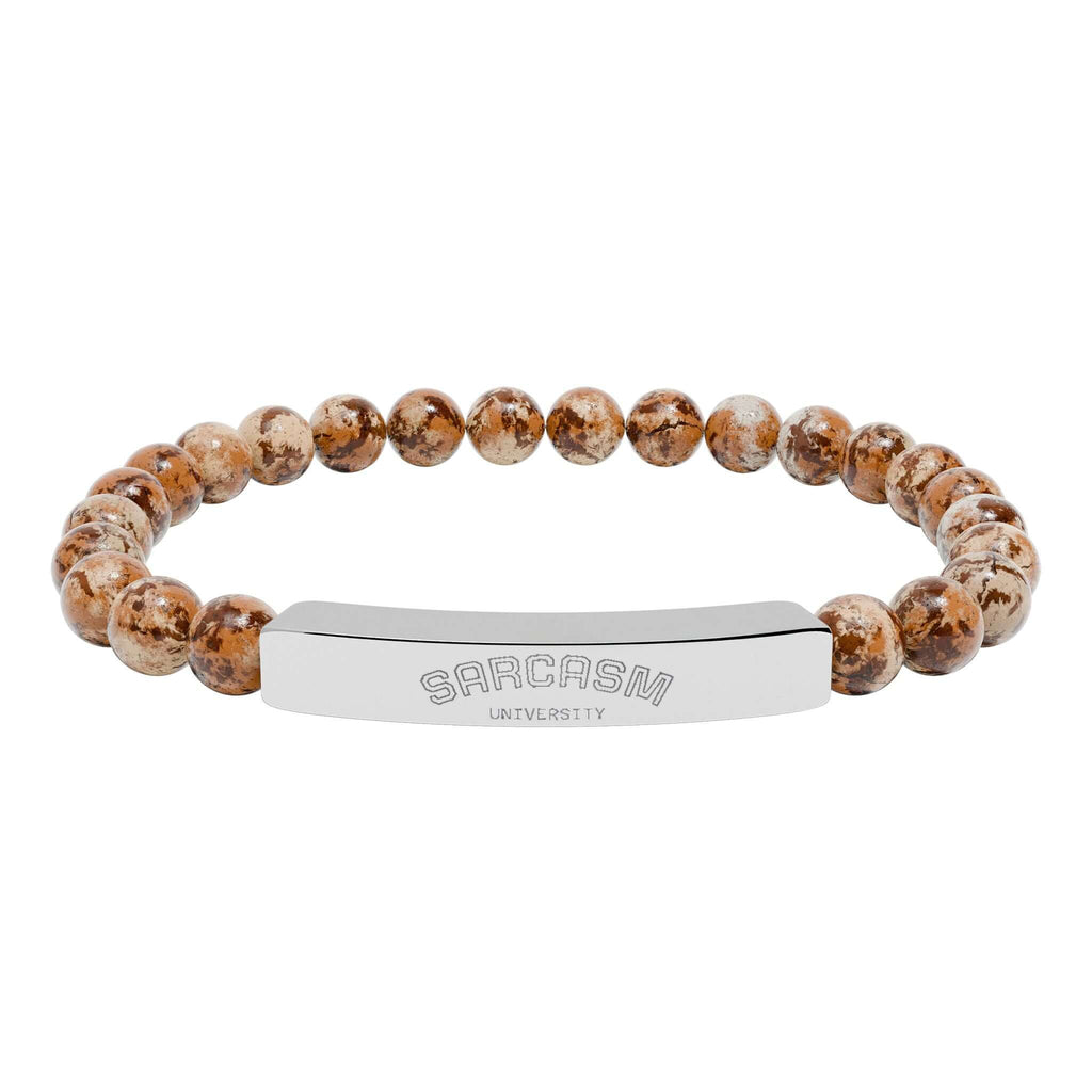 Hadi Craft USA Personalized natural stone bead bracelet –Stretch Healing Jewelry, engraved stainless bar bracelet, brown stone beads, handmade