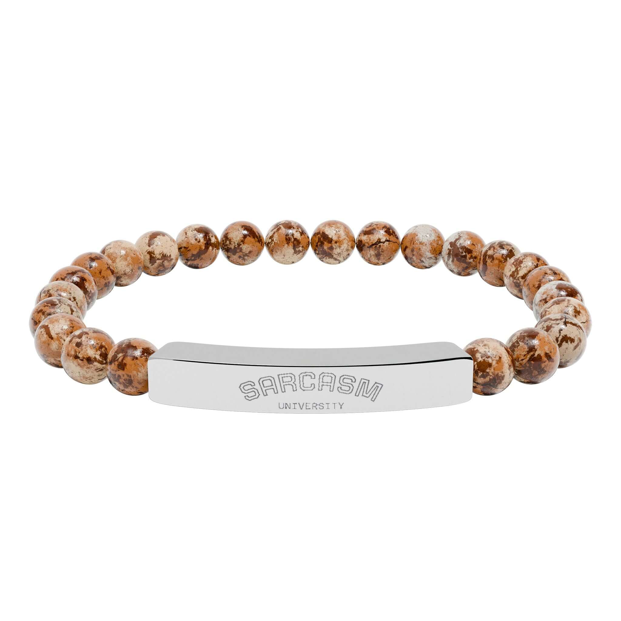 Hadi Craft USA Personalized natural stone bead bracelet –Stretch Healing Jewelry, engraved stainless bar bracelet, brown stone beads, handmade