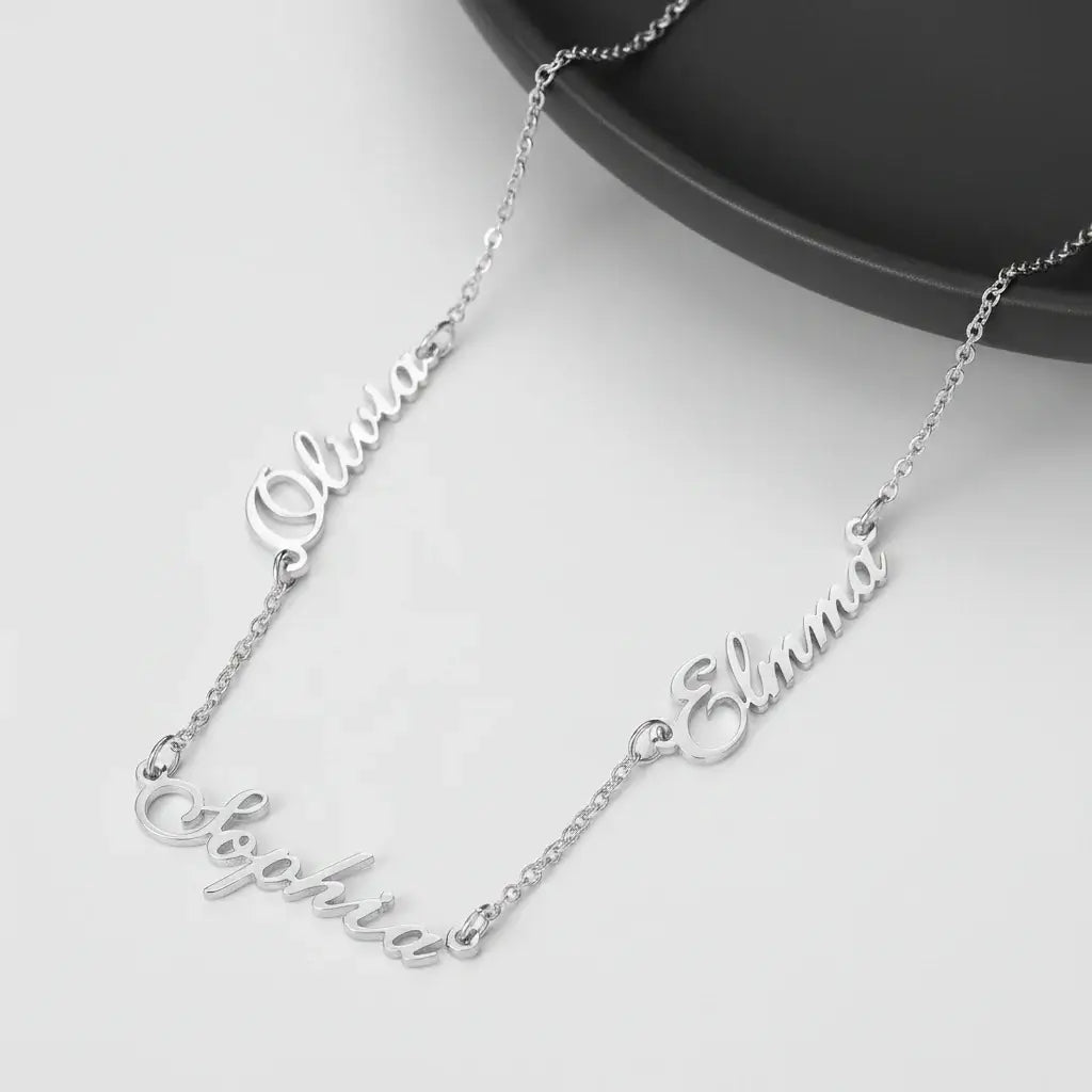 Alt Tag: Hadi Craft USA custom three name necklace Personalized Gold Charm Necklace, stainless steel personalized nameplate necklace, engraved jewelry