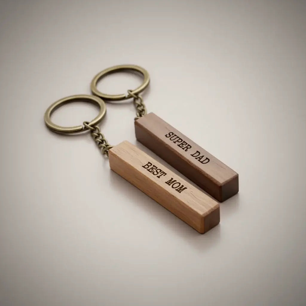 Hadi Craft USA Walnut keychain blanks for laser engraving Blanks with Leather Strap, engraved wooden keychain set “Super Dad” and “Best Mom”