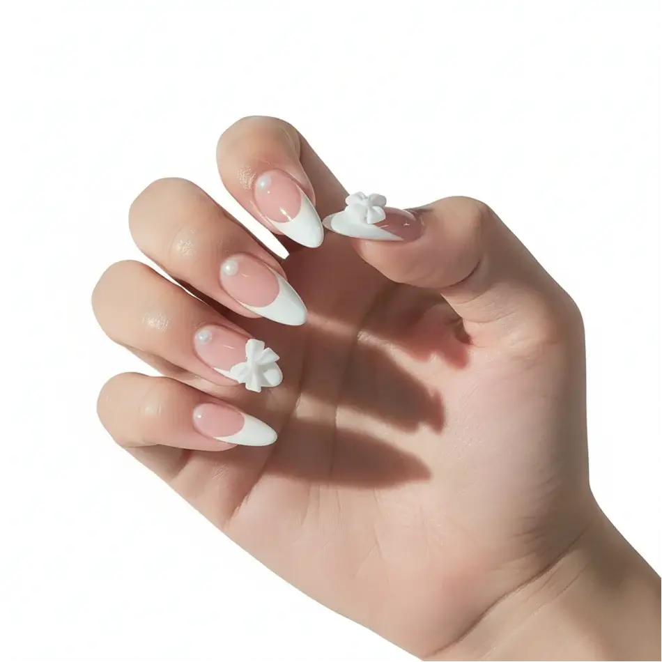 Hadi Craft USA White French Almond Press-On Nails with 3D Bowknot Design – 24PCS, resin press-on nails, 3D bowknot style