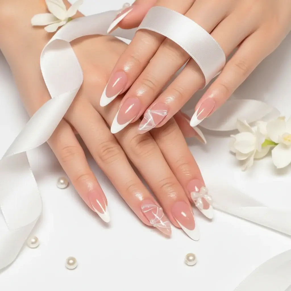Hadi Craft USA White French Almond Press-On Nails with 3D Bowknot Design – 24PCS, resin manicure, 3D bow nail art