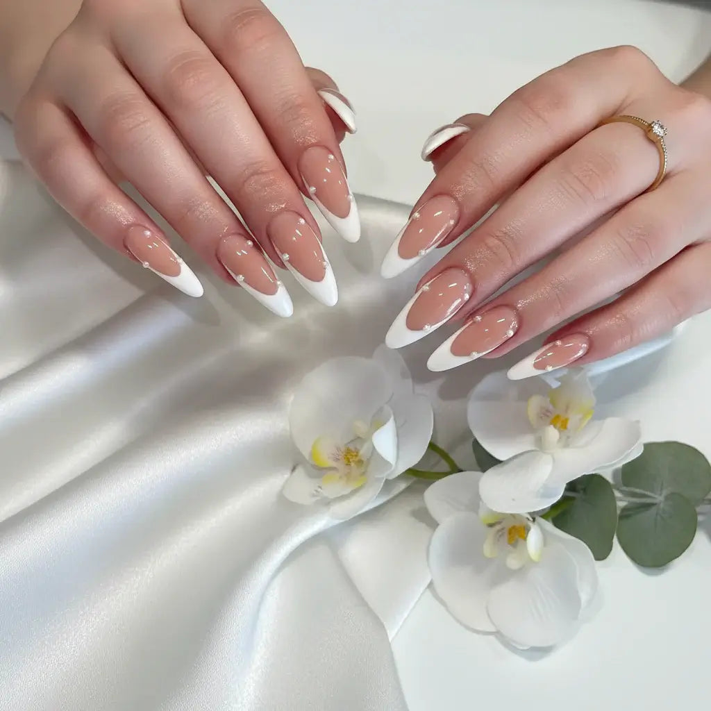 Alt Tag: Hadi Craft USA White French Almond Press-On Nails with 3D Bowknot Design – 24PCS, resin manicure, handmade press-on nails