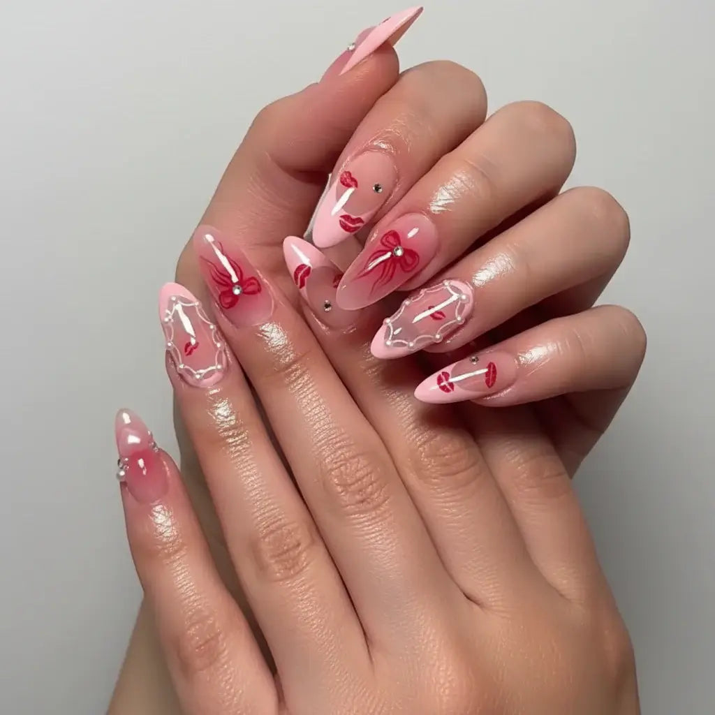 Hadi Craft USA Wine Red Almond Press-On Nails with Rabbit & Bow Design 24 Pieces, plastic false nails, handmade nail art